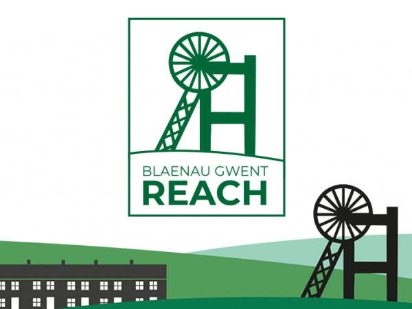 Green and black graphic depicting houses and a colliery tower with the words 'Blaenau Gwent REACH'