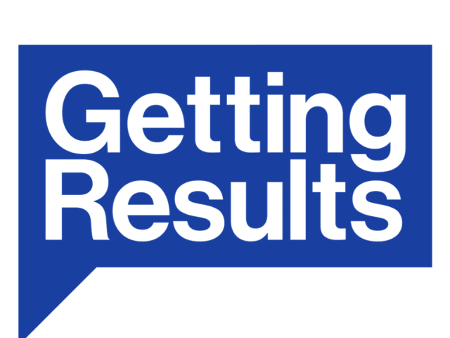 Blue speech bubble with Getting Results written inside