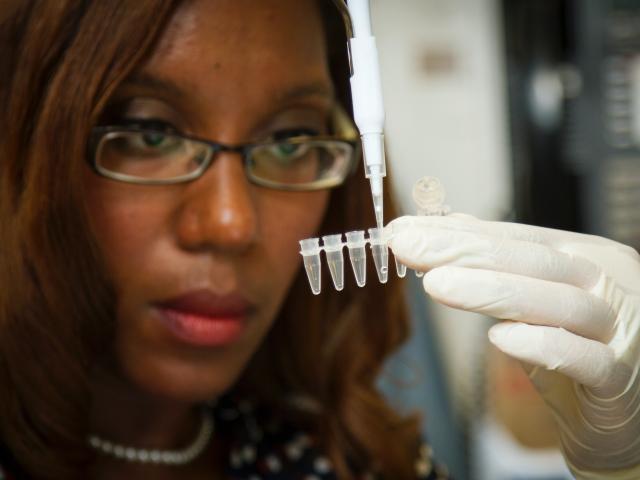 A female scientist pipetting samples into a tube
