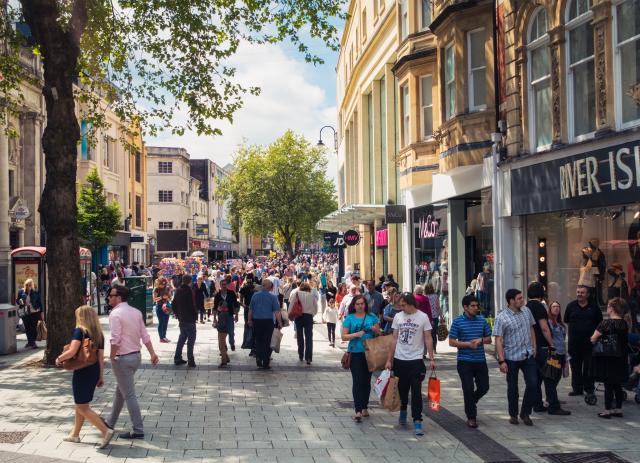 A busy shopping street in Cardiff