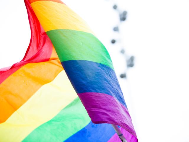 Rainbow flag against a white sky