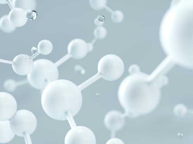 Abstract images of white molecules or atoms on a light grey background