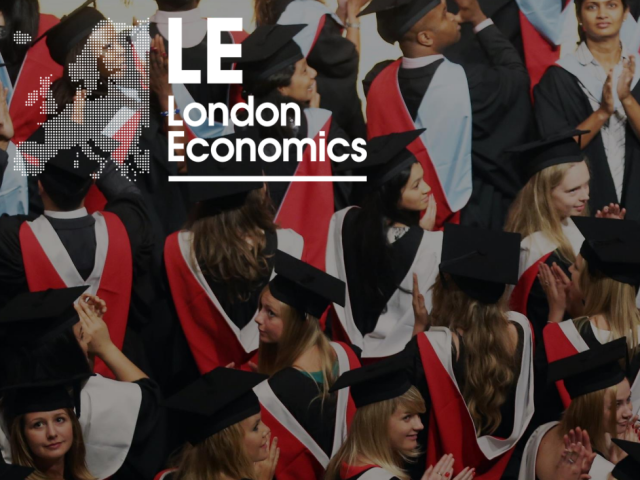 A crowd of people in graduation robes with a white London Economics logo over the top
